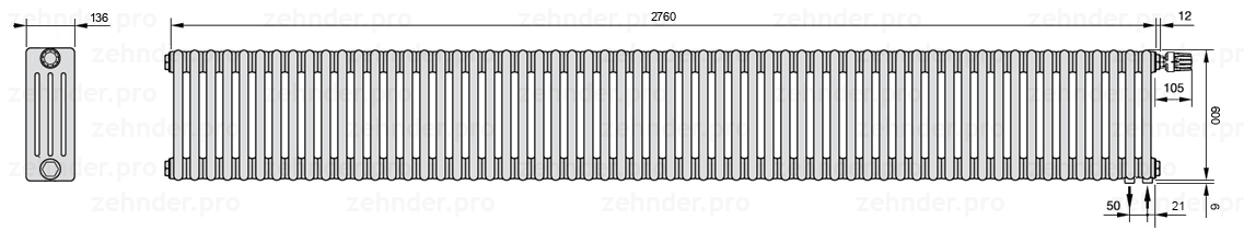 Схема (чертеж) Радиатор Zehnder Charleston 4060/60 №V002 Белый глянцевый RAL 9016